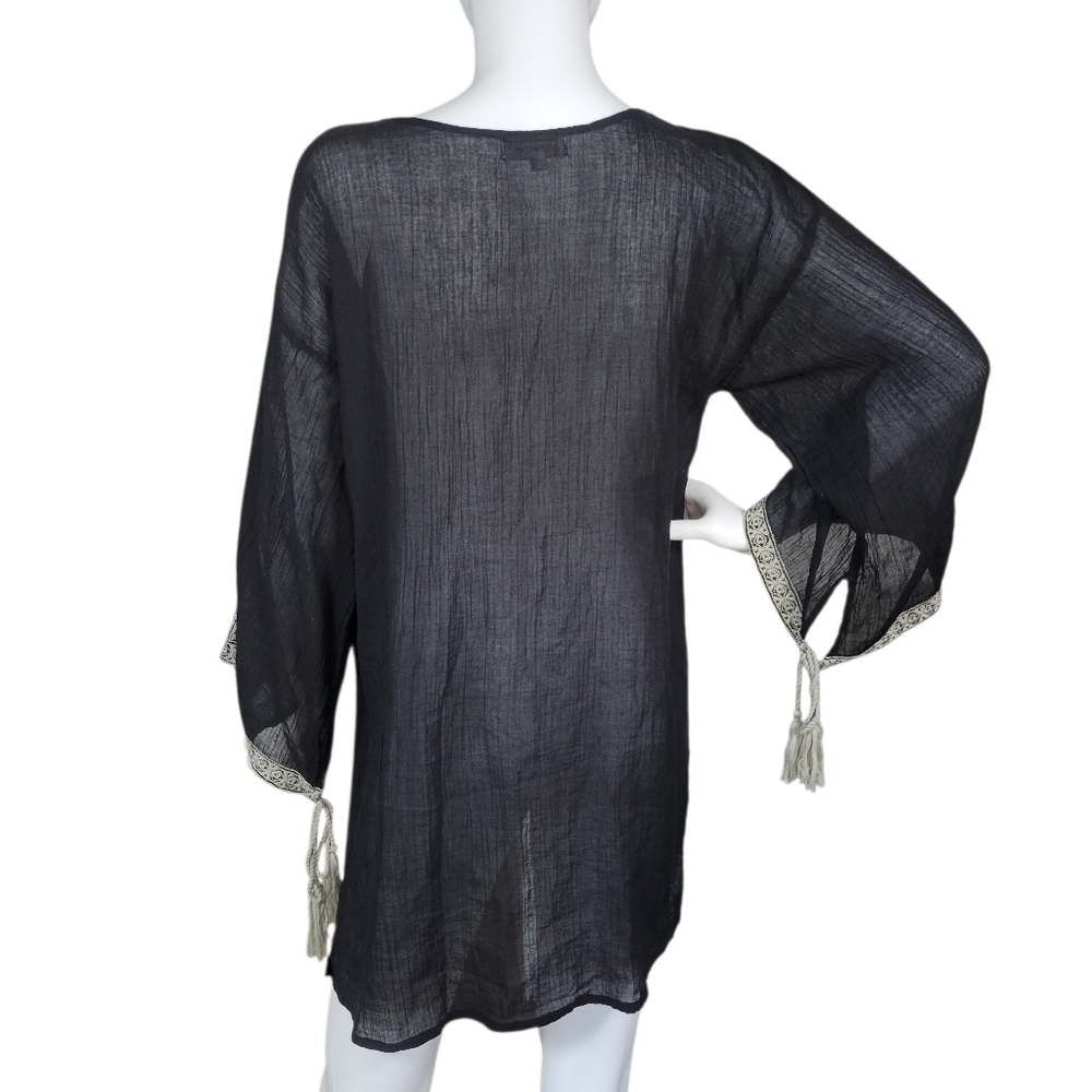 World Market Tunic Top Womens L/XL Black Embroidered Sheer Fairy Boho Indie Folk - Picture 2 of 10